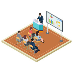 Canvas Print - Business training or presentation isometric vector concept. Illustration of presentation meeting and training