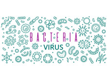 Line Bacteries, Viruses Vector Banner Poster Design. Bacterial And Bacterium Infection Organism Illustration