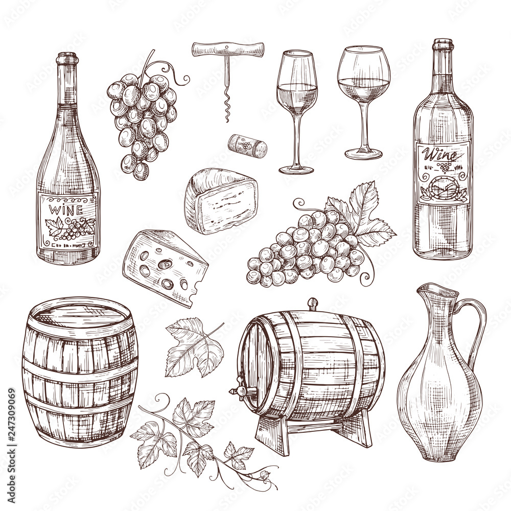 Sketch wine set. Grape, wine bottles and wineglass, barrel. Hand drawn vintage alcoholic beverages vector set. bottle, wineglass and wine alcohol beverage illustration - obrazy, fototapety, plakaty 