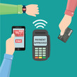 Hands with smartphone, smartwatch and bank card near POS terminal. Wireless, contactless or cashless payments, rfid nfc. Vector illustration in flat style