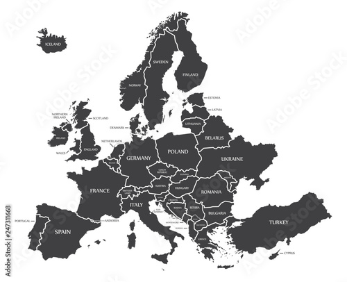 Obraz mapa Europy   nowoczesna-mapa-europa-z-krajami-i-etykietami-w-kolorze-czarnym