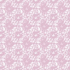 Wall Mural - Seamless pink pattern with wreaths and birds.