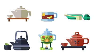 Sticker - Tea ceremony accessories set, cups, teapots, tea party equipment vector Illustration