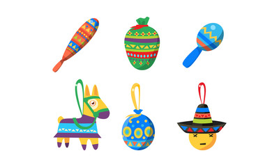 Sticker - Mexican Cinco De Mayo holiday elements set, Birthday pinata vector Illustration