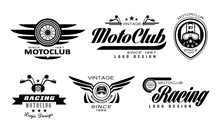 Vector Set Of Original Emblems For Moto Racing Club. Vintage Logos With Wheels, Helmets And Motorcycle Handlebars