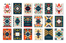 Colorful Vector Set Of 9 Card Templates With Geometric Shapes. Abstract Ethnic Pattern. Elements For Brochure, Flyer Or Poster In Trendy Flat Style