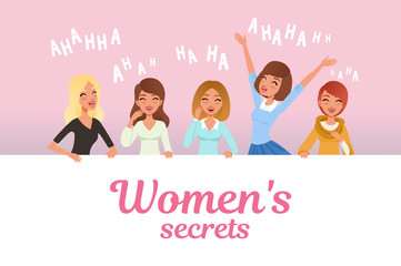 Poster - Young pretty girls loudly laughing. Women s secrets concept. Cartoon female characters with smiling facial expressions. Emotional people. Flat vector design