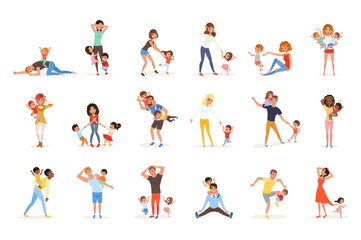 Poster - Set of tired parents with children. Exhausted moms and dads, playful boys and girls. Crazy day. Kids want to play. Reality of parenthood. Family concept. Flat vector