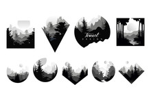 Set Of Monochrome Geometric Logos With Wild Coniferous Forests. Natural Landscapes With Silhouettes Of Pine Or Fir Trees. Eco Or Tourist Concept. Flat Vector Design