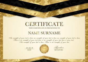 Wall Mural - Certificate template with geometry frame and gold badge. Gold background design for Diploma, certificate of appreciation, achievement, completion, of excellence, award