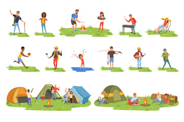 camper people set, tourists traveling, camping and relaxing vector illustrations