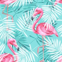 Tropical Seamless Pattern With Flamingos And Palm Leaves. Watercolor Illustration