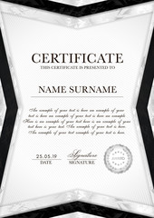 Wall Mural - Silver certificate template with line guilloche background pattern (watermark), geometry frame and silver badge.  White background design for Diploma, certificate of appreciation 