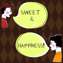 Word writing text Sweet And Happiness. Business concept for feeling that comes over when you know life is good Hand Drawn Man and Wo analysis Talking photo with Blank Color Speech Bubble