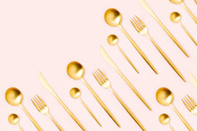 Pattern Made Of Cutlery On Pastel Background, Flat Lay, Top View. Minimalist Concept.