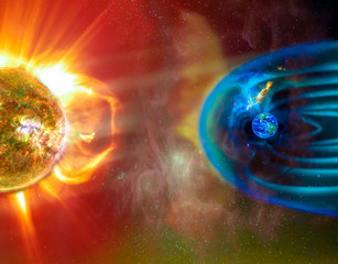 Wall Mural - the sun-earth connection space weather. blasts of perticles and magnetic field from the sun impact m