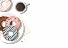 Donuts And  And Cup Of Coffee On The White Background. Top View 