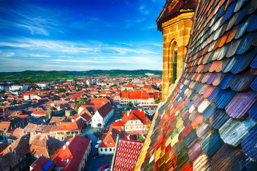 View from bell tower of St Mary Cathedral on the Old Town in Sibiu city