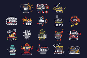 Wall Mural - Colorful glowing signboards set, retro neon street signs vector Illustrations