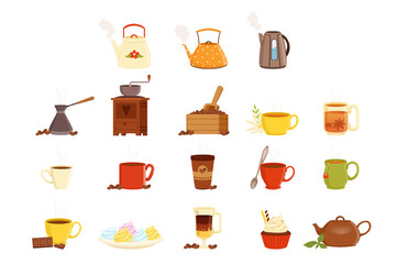 Sticker - Tea set, various kitchen utensils, tea cup and kettle vector Illustrations