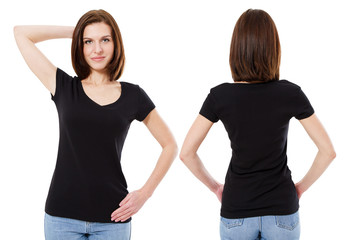 Sticker - A hipster girl with black hair wearing a blank black t-shirt.Horizontal mock up. Empty space for text o design