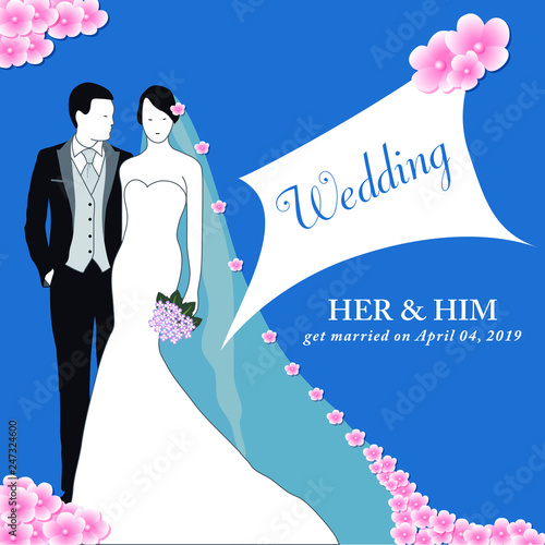 Carte D Invitation Pour Un Mariage Printanier Avec Un Couple De Maries Sur Un Fond Bleu Et En Decoration Des Petites Fleurs Roses Buy This Stock Vector And Explore Similar Vectors At Carte D Invitation Pour Un Mariage Printanier Avec Un Couple De Maries Sur Un Fond Bleu Et En Decoration Des Petites Fleurs Roses Buy This Stock Vector And Explore Similar Vectors At
