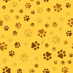 Wall Mural - Dog Paw seamless pattern vector footprint kitten puppy tile yellow background repeat wallpaper cartoon isolated illustration white - Vector.