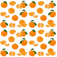 Mandarin, Tangerine, Clementine With Leaves Isolated On White Background. Citrus Fruit Background. Seamless Pattern. Vector Illustration