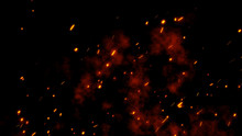 Burning Red Hot Sparks Rise From Large Fire. Backdrop Of Bonfire, Light And Life. 3D Illustration Of Fiery Orange And Red Glowing Flying Ember Particles On Black Background In 4k