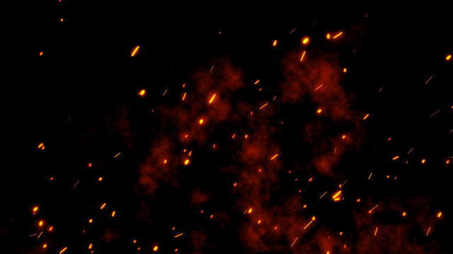 Wall Mural - Burning red hot sparks rise from large fire. Backdrop of bonfire, light and life. 3D illustration of fiery orange and red glowing flying ember particles on black background in 4k