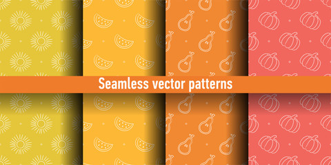 Poster - Seamless pattern set. Sun, watermelon, pear and pumpkin. Color vector background. Summer and spring print