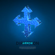 © dTosh - Arrow cross, extend, resize, cross arrow sign. Four-way arrow wireframe digital 3d illustration. Low poly crossway choice concept with lines, dots on blue background. Vector neon polygonal road guide