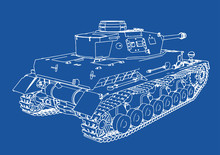 Drawing Of Old Military Equipment Tank On A Blue Background Vector