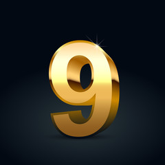 Vector gold number 9 isolated on black background