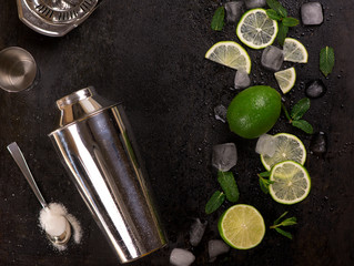 Canvas Print - Bar accessories and ingredients for cocktail drink lime, mint, ice