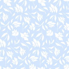 Tender Blue Vintage Seamless Pattern With Scratched White Roses Silhouettes. Romantic Retro Ink Flowers Texture For Textile, Wrapping Paper, Surface, Wallpaper, Background, Package