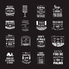Collection of quote typographical background about champagne cocktails  and wine with silhouette of different kind of glasses and hand drawn elements. Template for business card, poster and banner