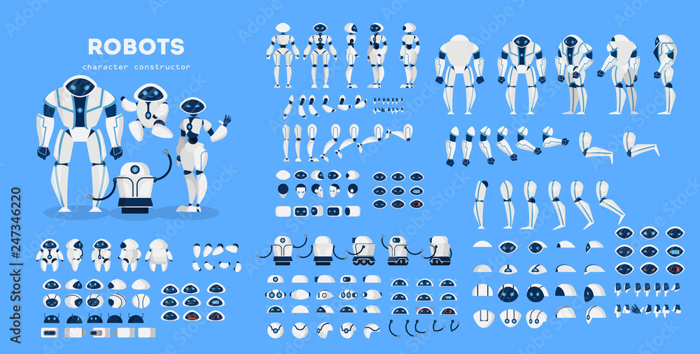 Robot character set for the animation with various views - obrazy, fototapety, plakaty 
