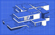 © korisbo - 3d rendering sketch of modern cozy house with garage for sale or rent. Graphics black line sketch with white spot on blueprint background