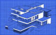 © korisbo - 3d rendering sketch of modern cozy house with garage for sale or rent. Graphics black line sketch with white spot on blueprint background