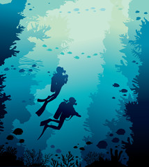 Wall Mural - Scuba diver, coral reef, school of fish and sea.