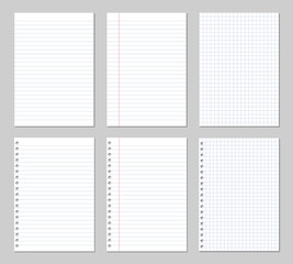 realistic illustration of a set of paper sheets, square and lined with binder holes, vector