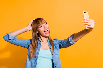 Canvas Print - Portrait of her she nice cool crazy lovely attractive winsome cheerful straight-haired lady making taking selfie device gadget isolated over bright vivid shine yellow background