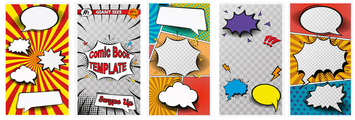 comic book page colorful composition with halftone rays dotted radial effects. vector illustration