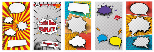 Fotomural Comic book page colorful composition with halftone rays dotted radial effects