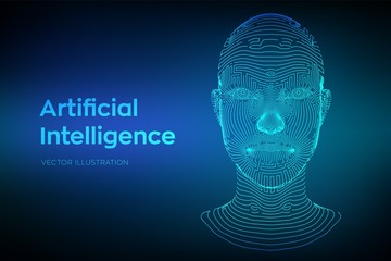 Wall Mural - Artifactial intelligence concept. Ai digital brain. Abstract digital human face. Human head in robot digital computer interpretation. Robotics concept. Wireframe head concept. Vector illustration.