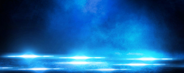 Wall Mural - background of an empty dark room. empty walls, neon light, smoke, glow