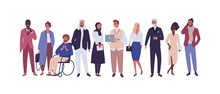 Diverse Group Of Business People, Entrepreneurs Or Office Workers Isolated On White Background. Multinational Company. Old And Young Men And Women Standing Together. Flat Cartoon Vector Illustration.