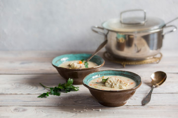 Canvas Print - Homemade  Creamy Norwegian Fish Soup - Fiskesuppe, made from haddock, cod and vegetables.olol