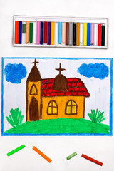 Colorful drawing: A small church with a tower on the hill